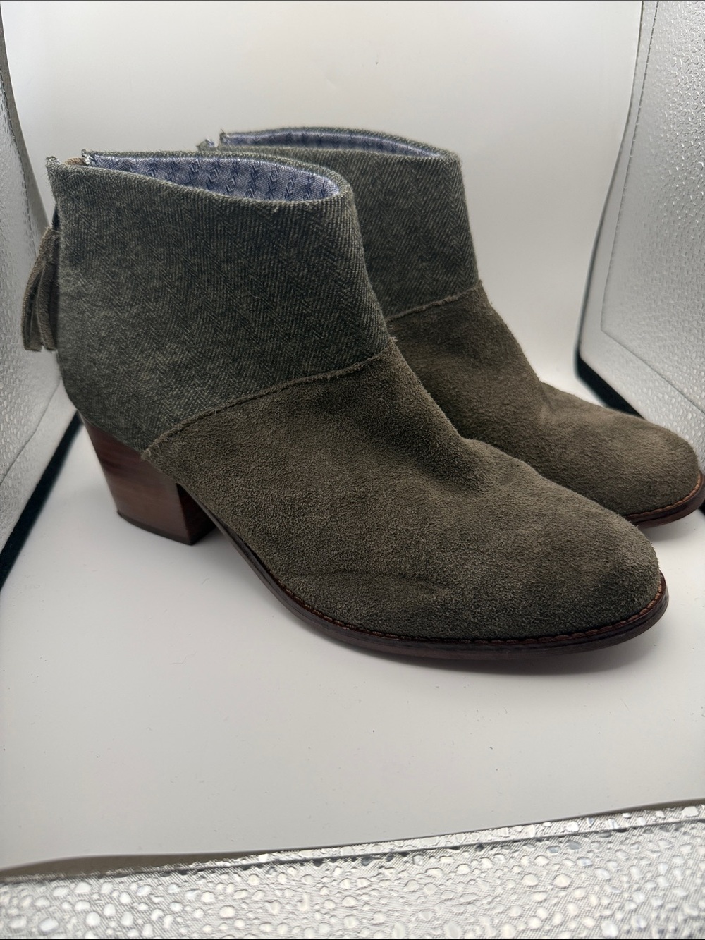 Toms Olive Suede Ankle Booties with Herringbone Collar